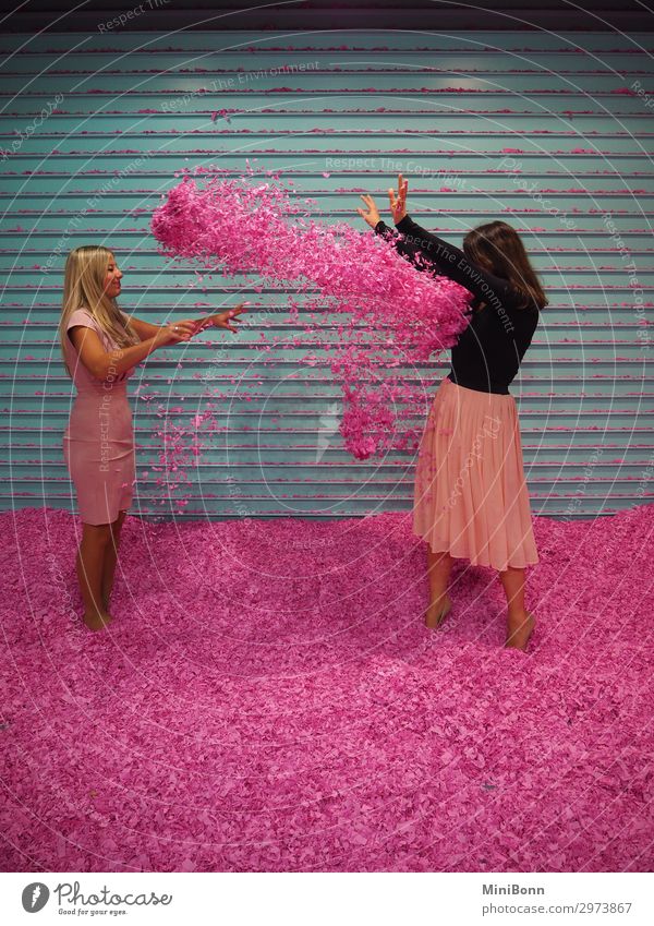 Confetti battle in pink Lifestyle Joy Happy Beautiful Healthy Wellness Contentment Party Feasts & Celebrations Human being Feminine Young woman