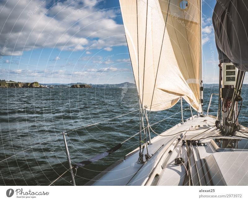 Sailboat in the sea near the coastline Relaxation Leisure and hobbies Vacation & Travel Adventure Freedom Summer Ocean Sports Sailing Sky Horizon Wind Rock