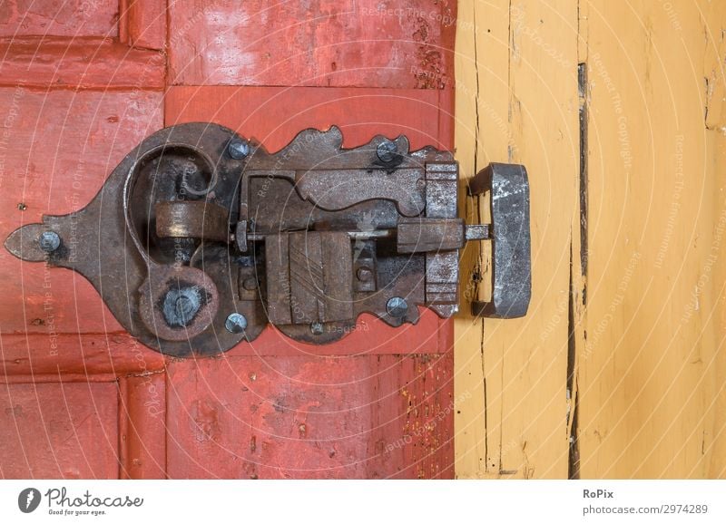 Wrought-iron castle in a historic house. Door Door lock door handle door fitting Building House (Residential Structure) Wood oak wood Iron Old Ancient