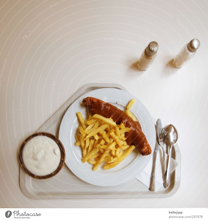 hot and greasy Food Meat Sausage Yoghurt Dairy Products Nutrition Lunch Fast food Crockery Plate Cutlery Knives Fork Spoon Delicious Hotdog French fries Tray