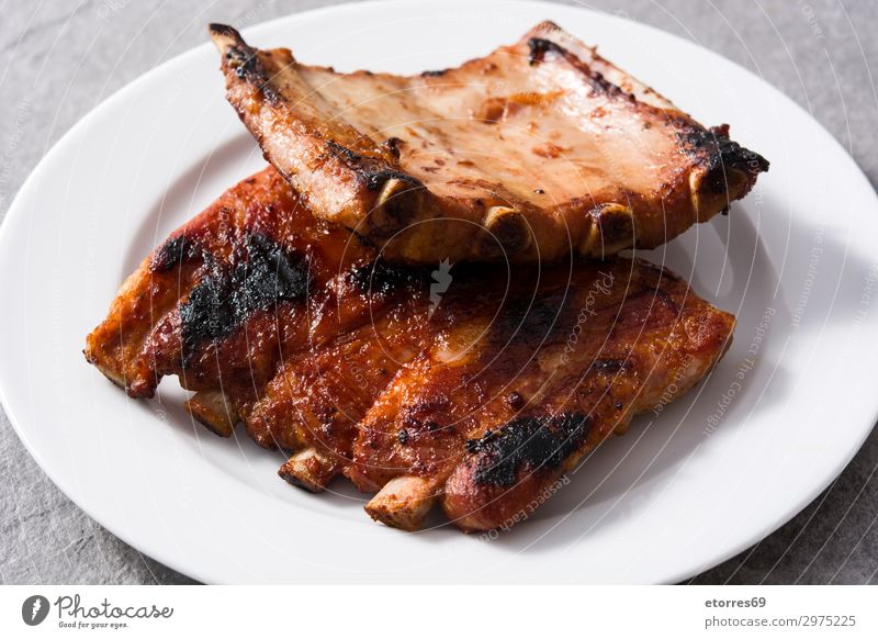 Grilled barbecue ribs American Barbecue (event) BBQ Beef Bone Cooking Copy Space Delicious Fat Flavorsome Food Gray Meat Pork Ribs Roast Rosemary Sauce Spicy