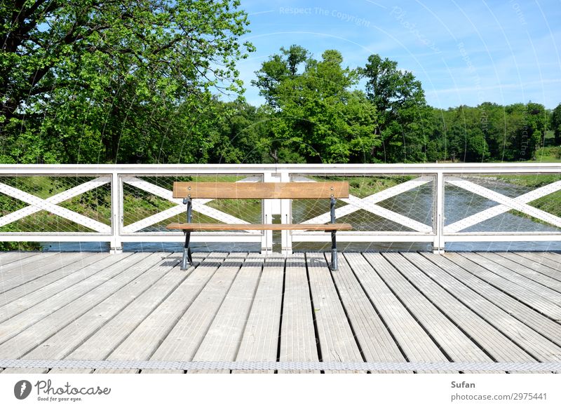 invitation Well-being Vacation & Travel Trip Summer Closing time Architecture Sky Beautiful weather Tree Park River bank Deserted Bridge Bench Wood Line