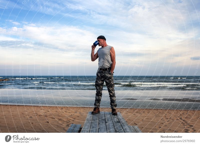 Coffee at the beach Cup Vacation & Travel Adventure Far-off places Freedom Summer Beach Ocean Waves Human being Masculine Man Adults Nature Elements Water Sky