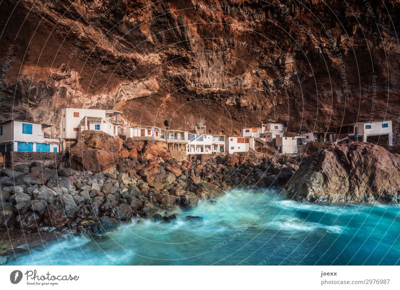 Pirate Cove Rock Waves Ocean Island La Palma Bay Tijarafe Spain Deserted House (Residential Structure) Hut Old Maritime Blue Brown White Bizarre Chaos