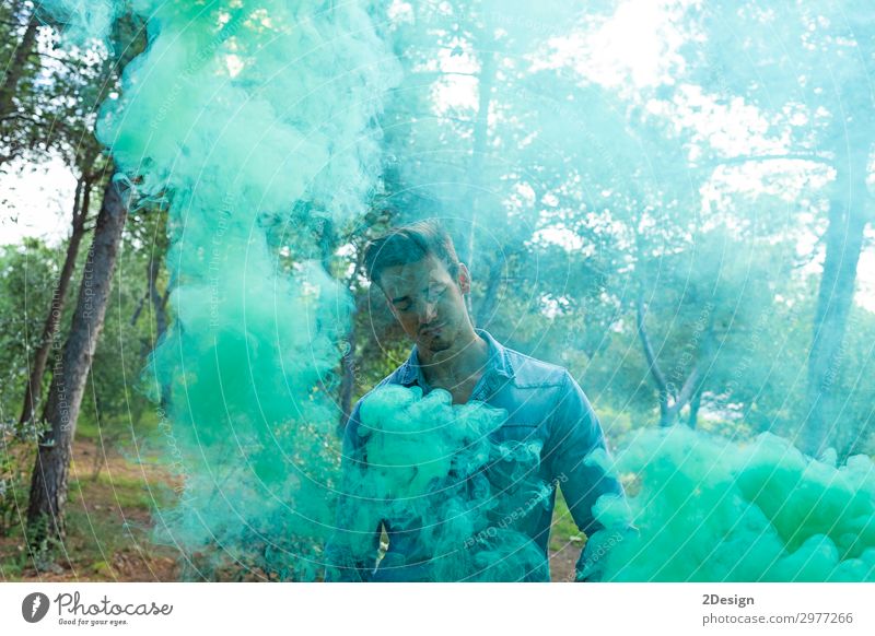 Young bare man in colored smoke outdoors in the forest Style Happy Beautiful Vacation & Travel Freedom Summer Ocean Human being Masculine Boy (child) Young man