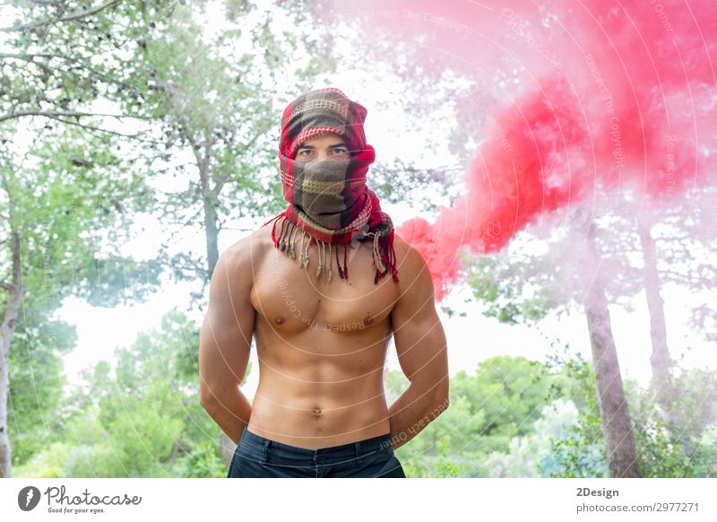 Young bare man in colored smoke outdoors in the forest Style Happy Beautiful Vacation & Travel Freedom Summer Ocean Human being Masculine Boy (child) Young man