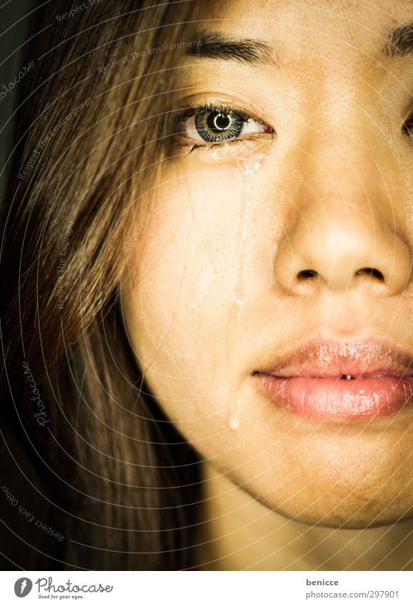 tear of fear Woman Human being Cry Sadness Tears Grief Drop Face Asians Chinese South East Asia Portrait photograph Close-up Eyes Looking into the camera