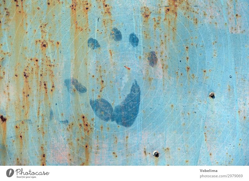 Handprint on metal sheet Rust Footprint Old To hold on Broken Blue Brown Red Flake off flaking Imprint Background picture Colour colored handprint Light blue