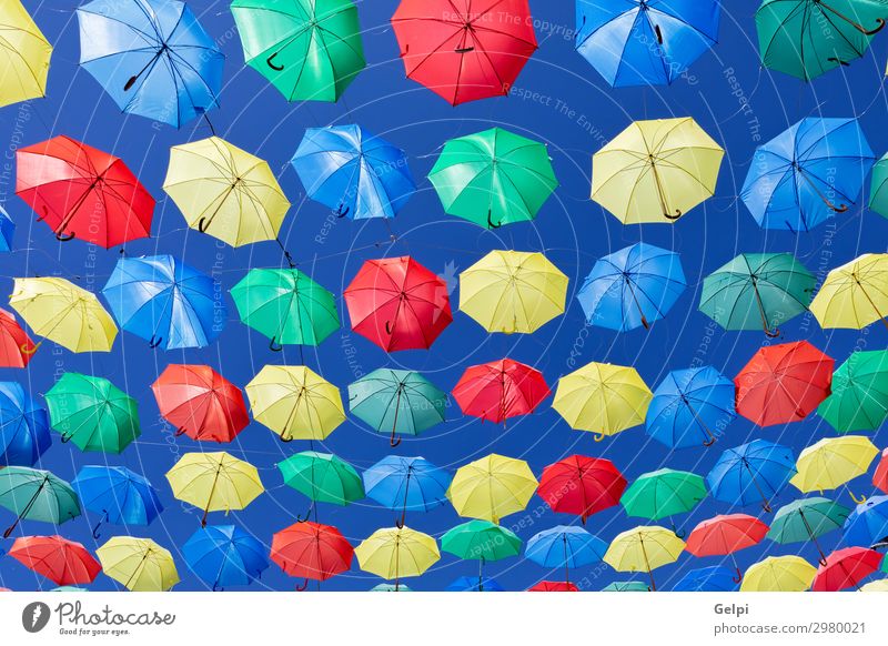 Colorful umbrellas Style Beautiful Sun Decoration Art Sky Weather Rain Street To swing Good Bright Blue Yellow Green Protection Colour colorful Rainbow overhead