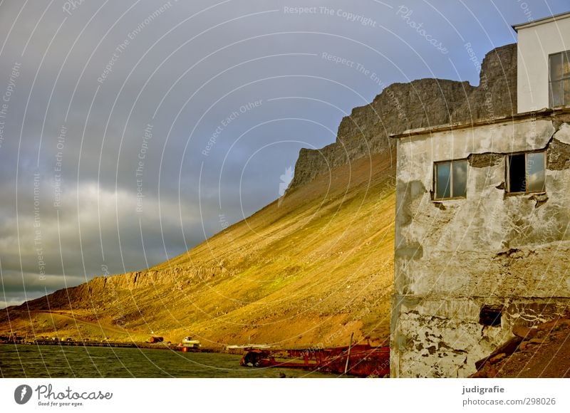 Iceland Environment Nature Landscape Sky Clouds Climate Hill Rock Mountain Fjord Djúpavík House (Residential Structure) Factory Manmade structures Building