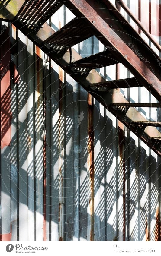 outside staircase Deserted Industrial plant Factory Building Architecture Stairs Container Metal Graffiti Old Dirty Broken Decline Rust Upward Downward