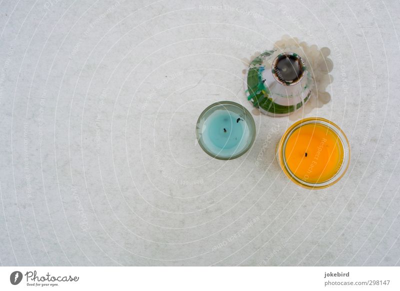 Remnants of a summer night Candle Storm laterne Blue Orange Wax Decoration Candlewick 3 Expire Past Colour photo Exterior shot Deserted Copy Space left