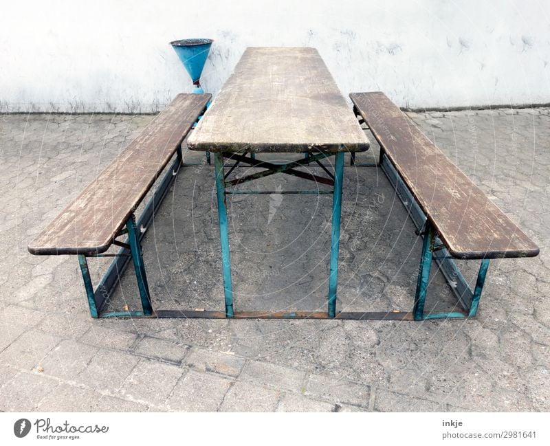 idyllic resting place Deserted Places Resting place Ashtray Wooden bench Bench Beer table Seating Authentic Simple Break Bleak Colour photo Subdued colour