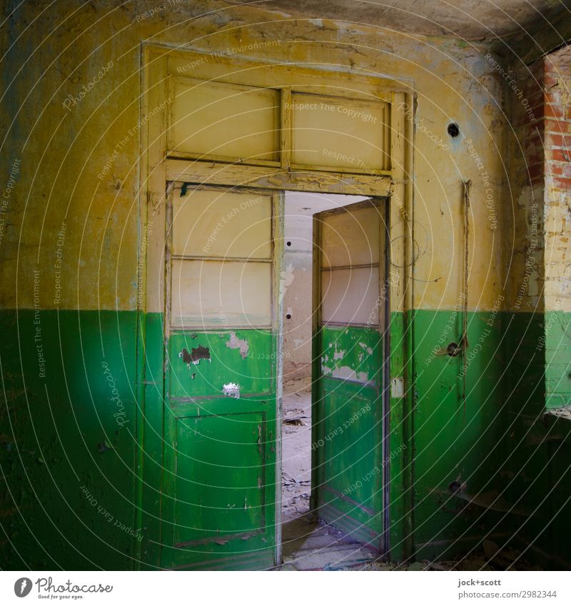 imperishable in front and behind the door Sanitarium Wall (building) Hallway Wood Stripe Dirty Historic Yellow Green Creativity Quality Style Symmetry
