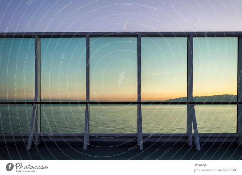 on deck Window pane Frame Panorama (View) Twilight Ocean Sky Beautiful weather Water Evening Far-off places Vacation & Travel Adventure Relaxation Ferry