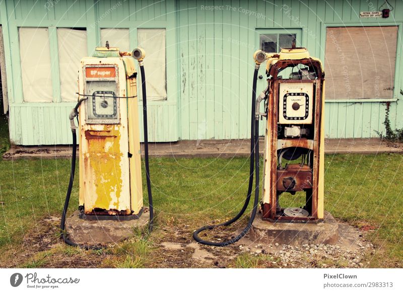 petrol station Style Vacation & Travel Tourism Trip Village Deserted Architecture Motoring Street Vehicle Car Blue Moody Colour photo Exterior shot