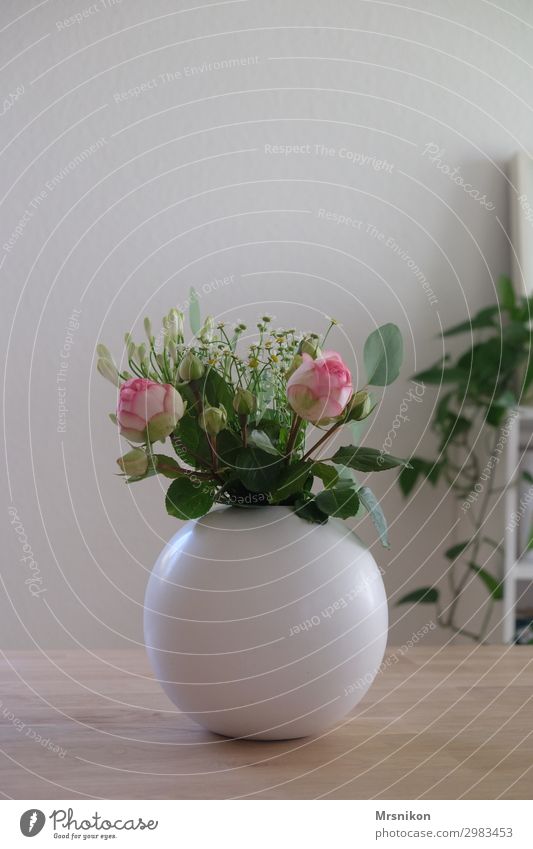 inside Plant Flower Rose Leisure and hobbies Joy Nature Bouquet Vase Furniture Wooden table Tabletop Pink Green White Dinner table Eucalyptus tree Colour photo