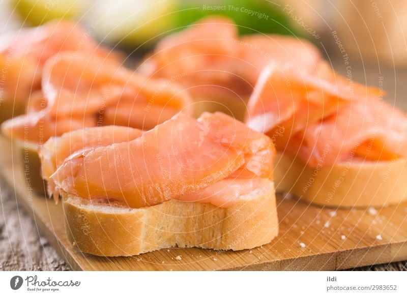 Smoked Salmon on Baguette Seafood Bread Breakfast Buffet Brunch Healthy fish Slice Sliced Gourmet Delicacy canape Snack Meal Sandwich omega 3 filet fillet
