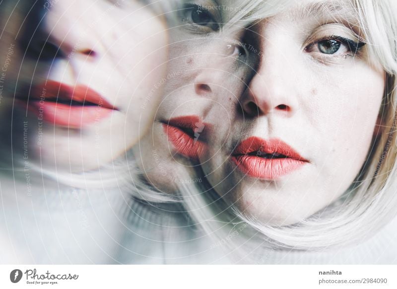 conceptual image about personality disorder Beautiful Intoxicant Mirror Human being Feminine Woman Adults 1 30 - 45 years Art Blonde Sadness Dark Fantastic