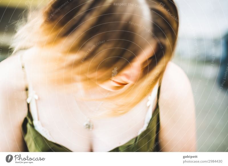 Windy young woman with blond hair blowing in the wind pretty Hair and hairstyles Life Senses Summer Human being Feminine Young woman Youth (Young adults) 1