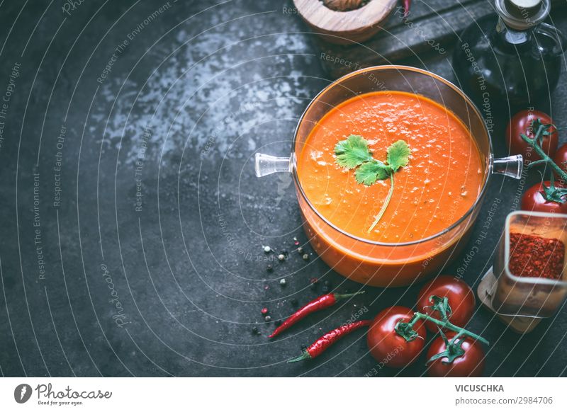 Background with tomato soup Food Vegetable Soup Stew Nutrition Lunch Organic produce Vegetarian diet Diet Crockery Pot Style Design Healthy Eating Table