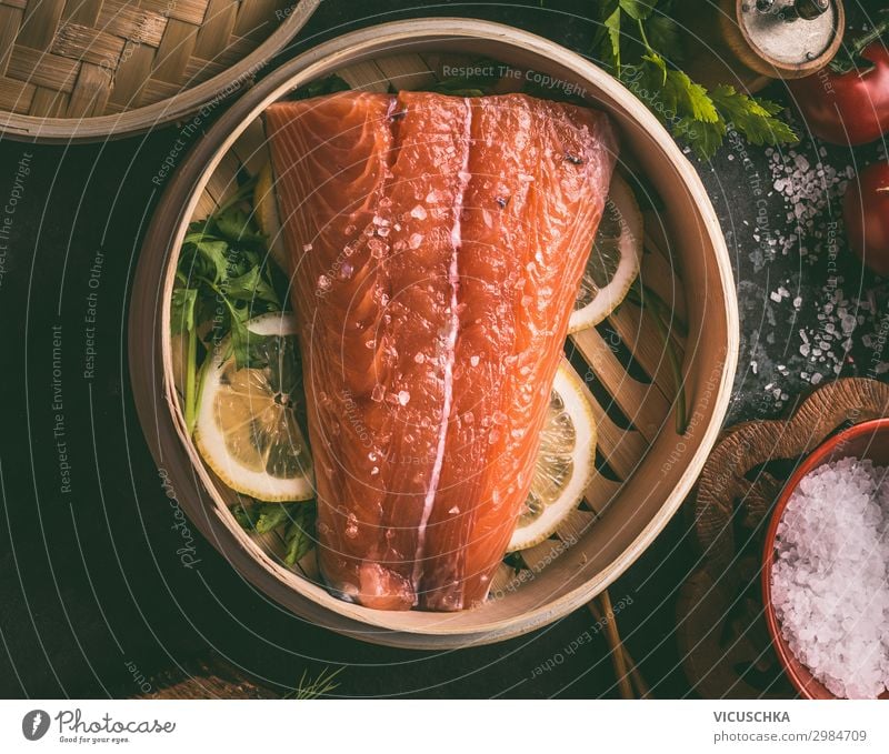 Salmon in bamboo steam cooker Food Fish Nutrition Lunch Organic produce Diet Crockery Pot Style Design Healthy Eating Restaurant Container Cooking Salmon filet