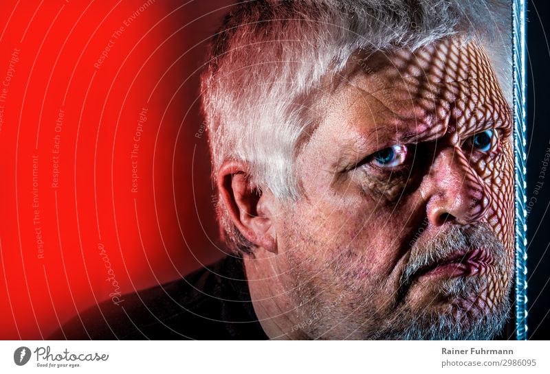 Portrait of a man, on his face lies the shadow of a grid. The background glows red. portrait Shadow Shadow play Looking eye contact Red Grating Colour photo