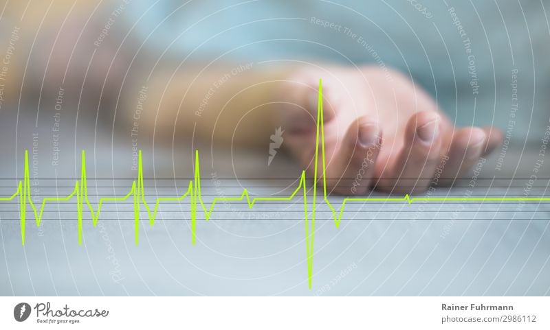 A man is lying in a bed. His electrocardiogram can be seen in the foreground. He is dying. Human being Man Adults Hand 1 "Bed Duvet" Lie Sleep Old Illness Grief