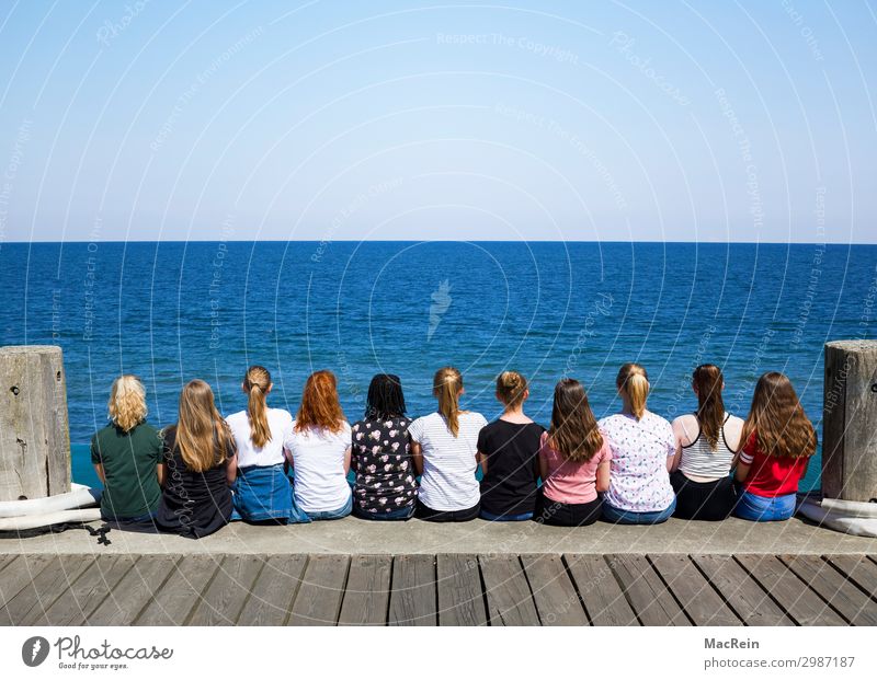 Group of girls sitting on the quay Human being Feminine Androgynous Woman Adults Friendship Youth (Young adults) Back 13 - 18 years Nature Water Sky Horizon