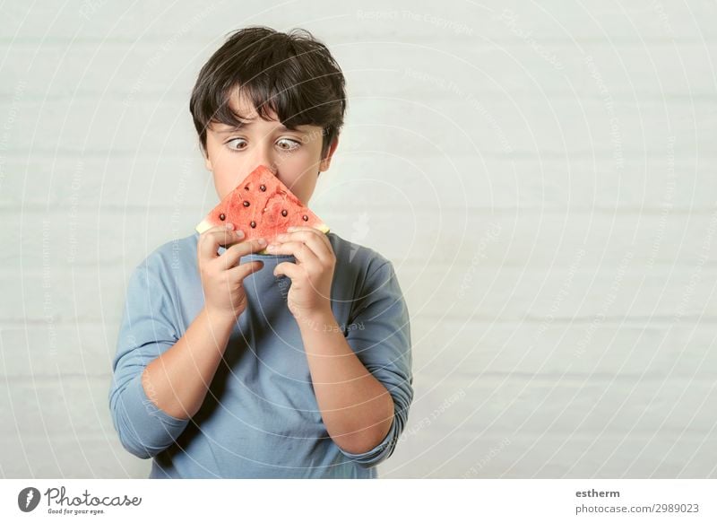happy child eating watermelon Fruit Dessert Nutrition Eating Diet Lifestyle Summer Human being Masculine Boy (child) Infancy 1 8 - 13 years Child To hold on