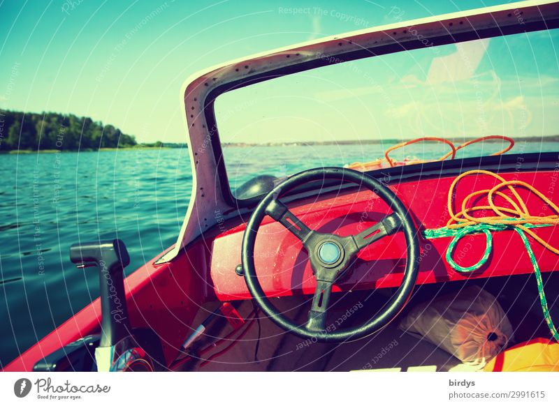 Summer on the boat Leisure and hobbies Vacation & Travel Trip Summer vacation Sun Boating trip Water Cloudless sky Beautiful weather Lake Müritz Motorboat
