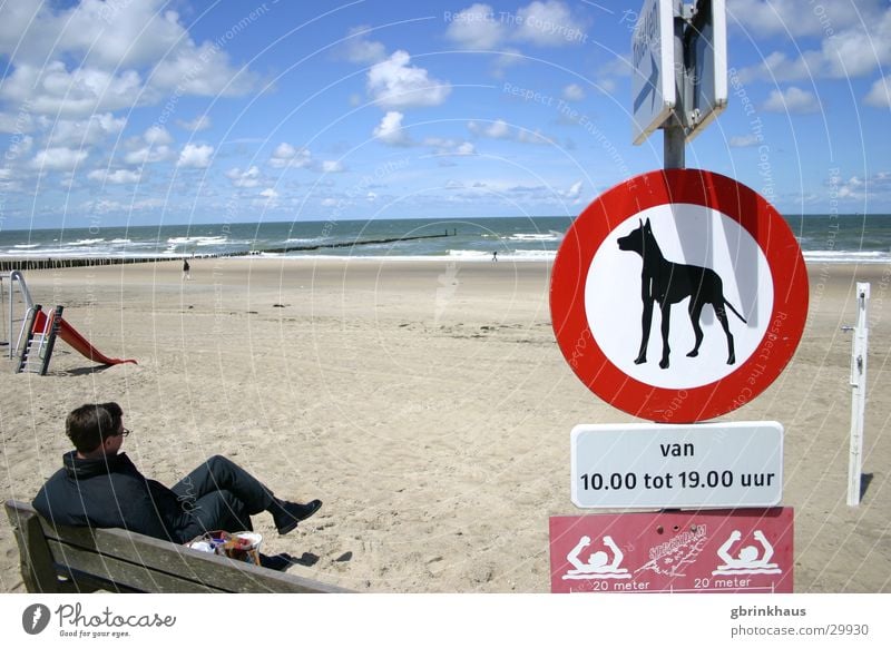 Doggies forbidden Netherlands Beach Ocean Wooden stake Low tide Signs and labeling Loneliness Boredom Water Sand Sky High tide Dogs forbidden Wait Bench Sit