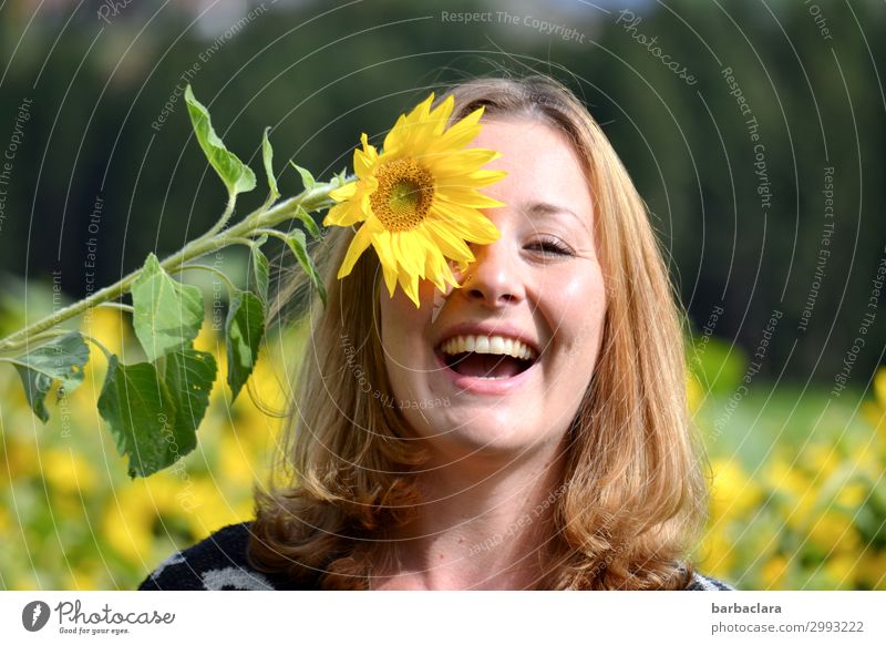 Sunny woman with sunflower Feminine Woman Adults 1 Human being Summer Flower Sunflower Sunflower field Blonde Long-haired Blossoming Laughter Growth Happiness