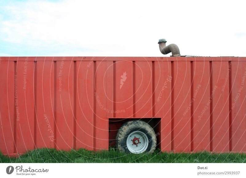 Slurry tank Agriculture Forestry Grass Green Red Container Liquid Manure Trailer Chimney Wheel Tire Ridable Colour photo Exterior shot Deserted Copy Space top