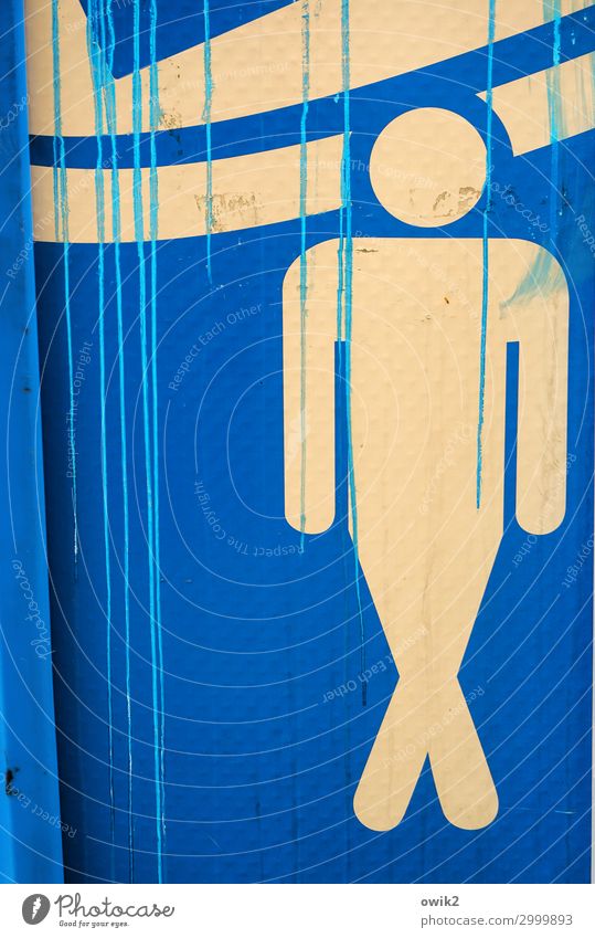 Urgent Man Adults 1 Human being Toilet Pictogram Plastic Sign Blue Yellow Smear Colour Needy Colour photo Exterior shot Detail Abstract Structures and shapes