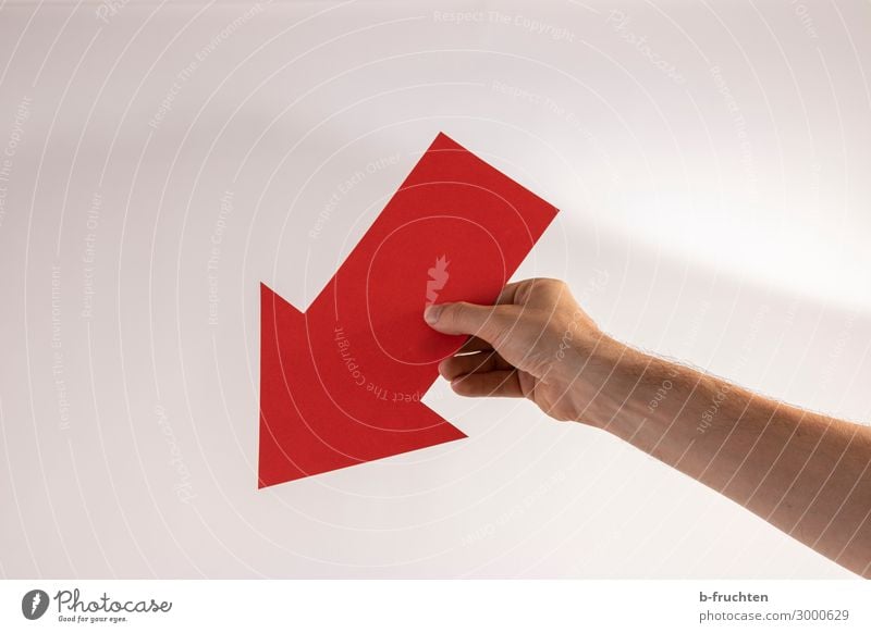 downwards Man Adults Hand Fingers Paper Decoration Sign Signage Warning sign Arrow Select Observe Movement To fall To hold on Red Target Future Downward Under
