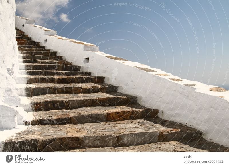 Always further Sky Beautiful weather Island Cyclades Amorgos Greece Village Fishing village Stairs Lanes & trails Old Blue Upward Above Downward Height