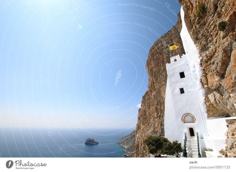 Life on the Abyss Cloudless sky Horizon Beautiful weather Rock Coast Ocean Mediterranean sea Aegean Sea Island Cyclades Amorgos Greece Deserted Church Monastery
