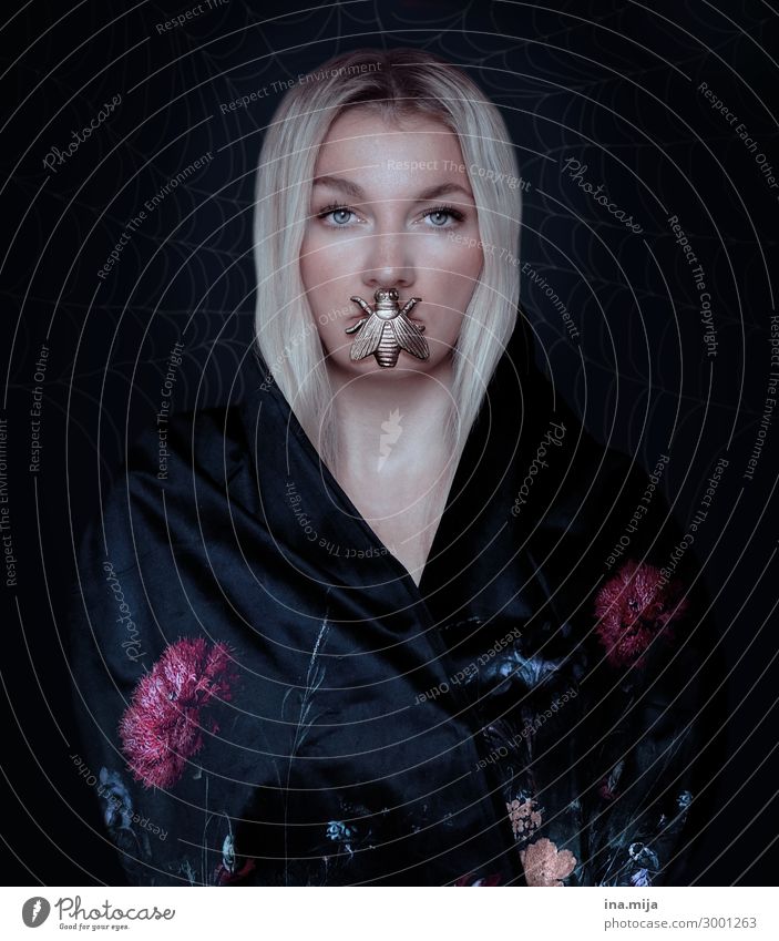 Caught in the web of life Human being Young woman Woman Adults Art Artist Work of art Stage play Actor Blonde Dark Creepy Gold Black Creativity Spider's web