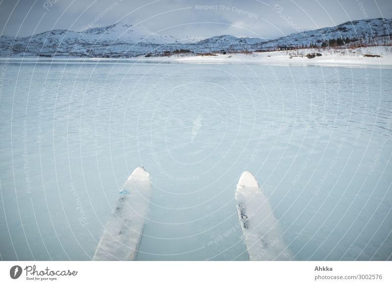 Two ski tips protruding centrally into the picture from below and lying under water of a lake, the tips look out of the water, iced lake, blue tones, snowy mountain landscape