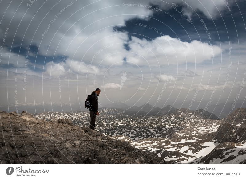 Isolation | at the very top of the peak the hiker looks into the distance Fitness Trip Freedom Mountain Hiking Landscape Elements Sky Clouds Horizon Summer Ice