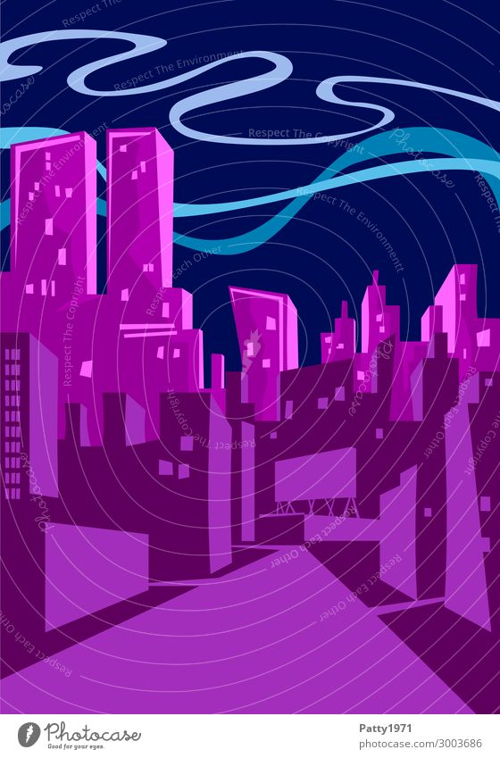 downtown Lifestyle Design Night life Entertainment Town Downtown Skyline High-rise Illustration Sharp-edged Hip & trendy Modern Blue Violet Pink Cool (slang)