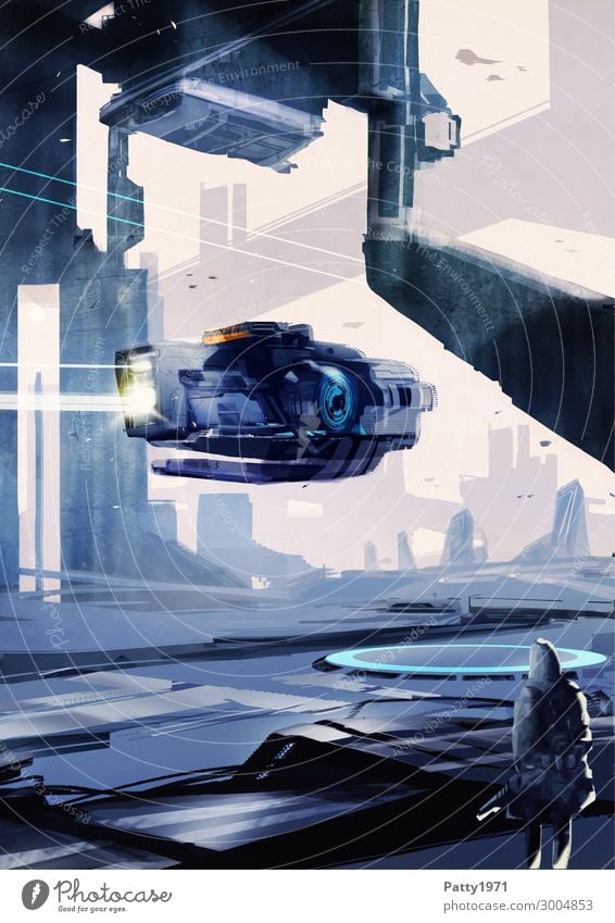 Spaceship gliding through a futuristic industrial landscape. Abstract science fiction illustration. spaceship Science Fiction Industrial district cyberpunk