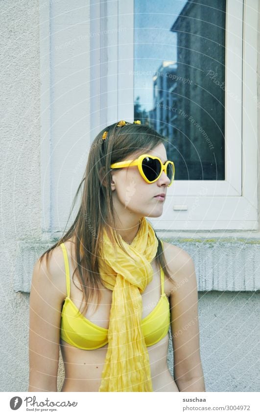 summer in the city (2) Girl Child Youth (Young adults) Young woman teenager Crazy not normal Bikini Sunglasses Scarf Yellow Summer Vacation & Travel at home