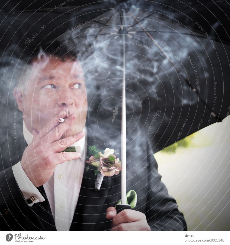 10 minutes left to say YES Masculine Man Adults Human being Flower Suit Jewellery Umbrella Brunette Short-haired Observe Smoking Looking Passion Safety