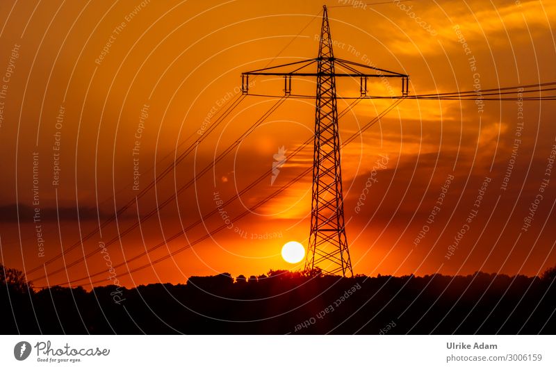 Power pole at sunset Energy industry Electricity pylon High voltage power line Environment Sky Sunrise Sunset Climate Orange Cable Electronics Colour photo