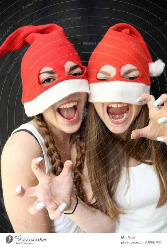 Christmas monster Feminine Young woman Youth (Young adults) Eyes Mouth Fingers 2 Human being Cap Long-haired Braids Creepy Red White Joy Christmas & Advent