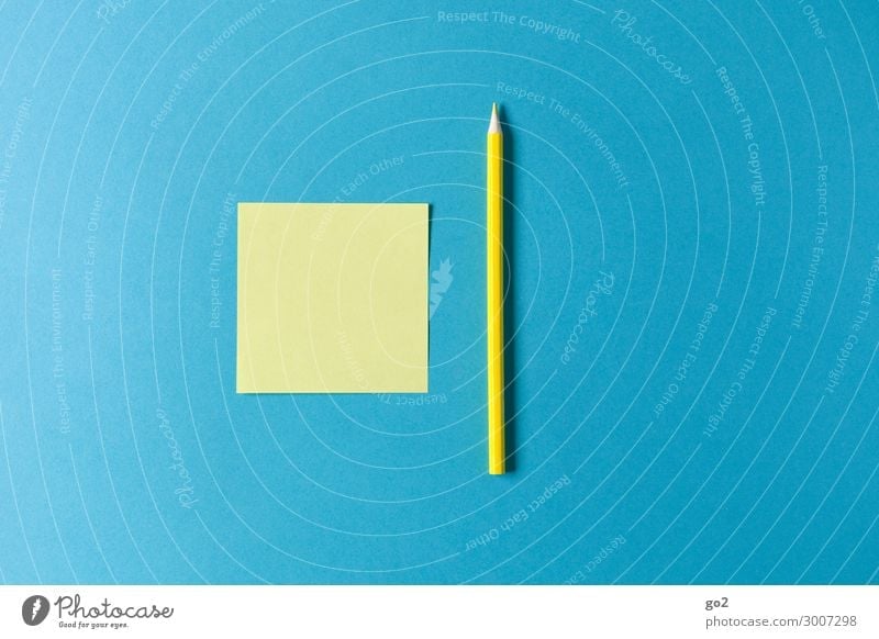 Yellow note and pen on blue Leisure and hobbies Education School Study Academic studies Office work Workplace Meeting Stationery Paper Piece of paper Pen Draw