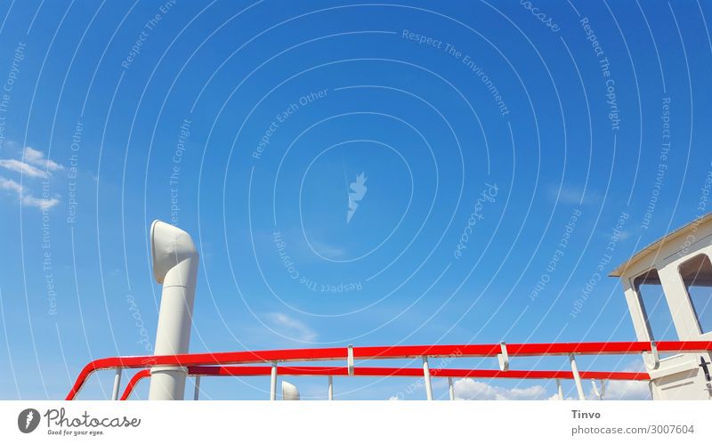 red railing and white chimney of old boat against blue sky Sky Beautiful weather Navigation Inland navigation Boating trip Steamer Fishing boat Watercraft