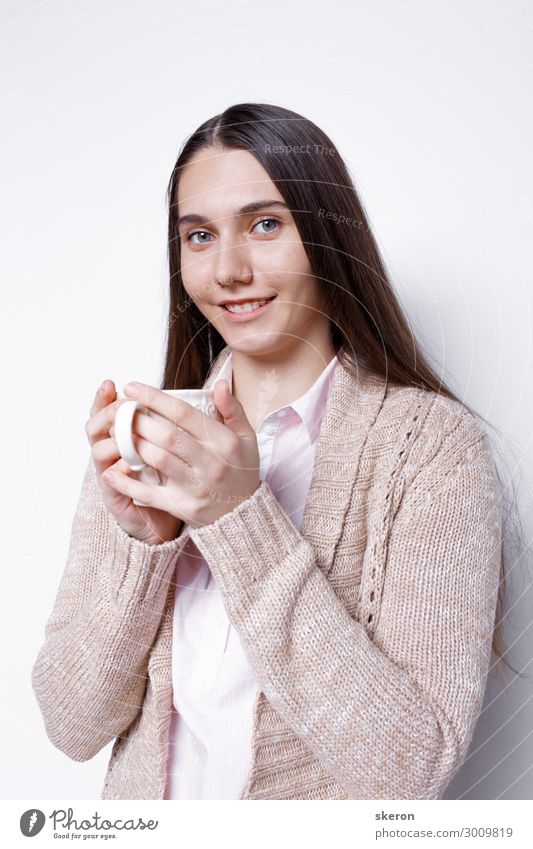 cute girl drinking hot coffee Nutrition Eating Breakfast Lunch To have a coffee Dinner Business lunch Beverage Hot drink Milk Hot Chocolate Coffee Tea Mug